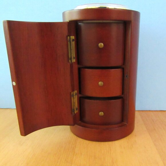 Vintage wood cylinder jewelry box with working clock - 6" tall - unisex - Picture 6 of 14
